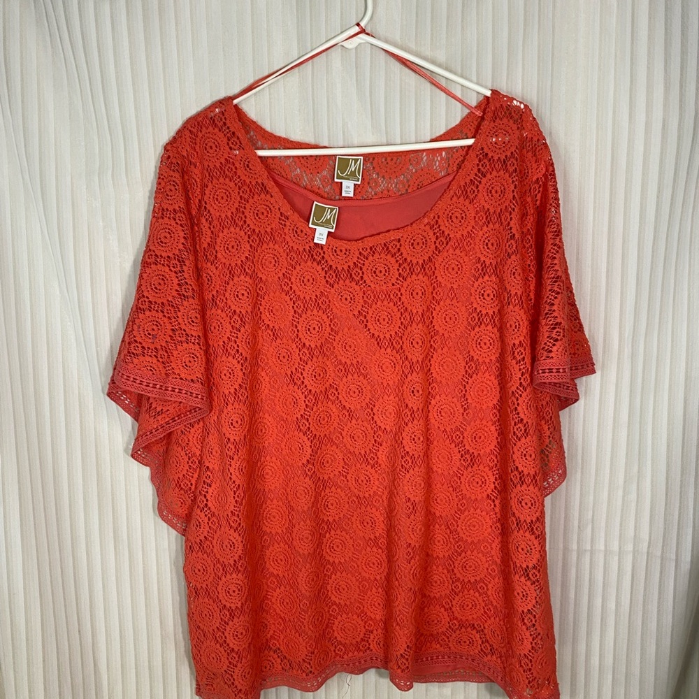 JM Collection Womens Lace Blouse Top 3X Orange Coral Sheer Overlay Flowy Boho